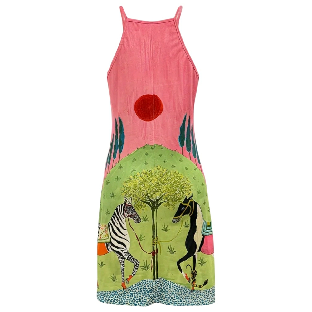 NEW! Pink & Green Halter Mini Dress - Artsy Horse & Zebra Design (Multple Sizes) - Picture 3 of 4